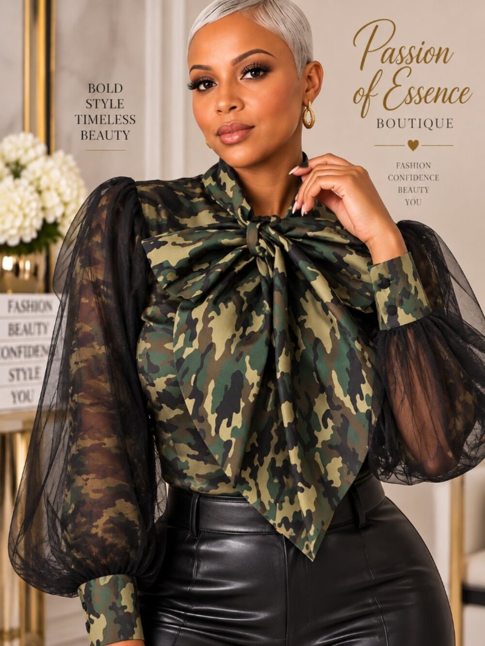 Camouflage Tulle Puff Sleeve Top with Bow Collar